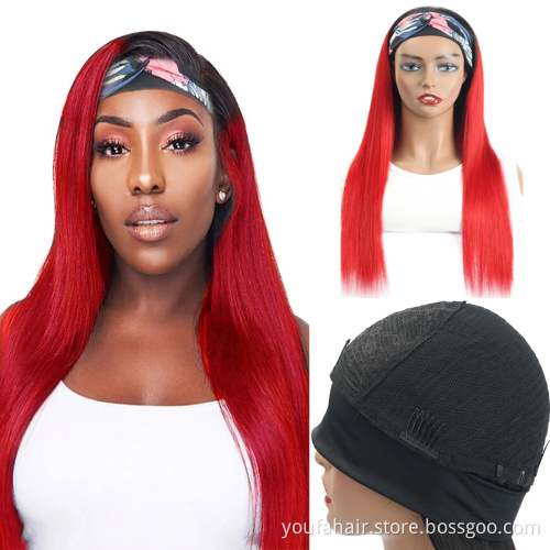 Brazilian Human Hair Headband Wigs Ombre Red Colored Human Hair Straight Wigs for Black Women Remy Hair No Lace Machine Made Wig